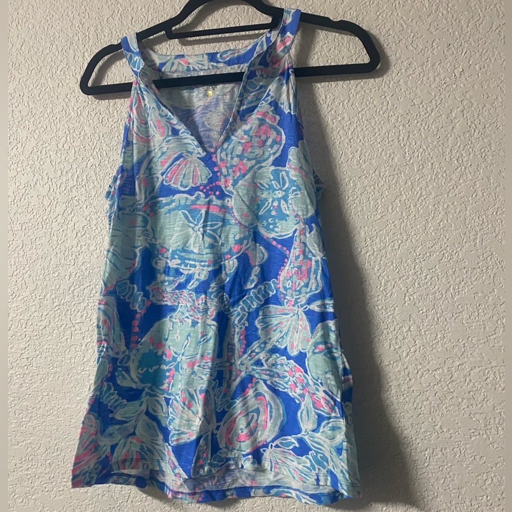 Lilly Pulitzer into the deep V-neck halter tank top in vibrant blue / pink